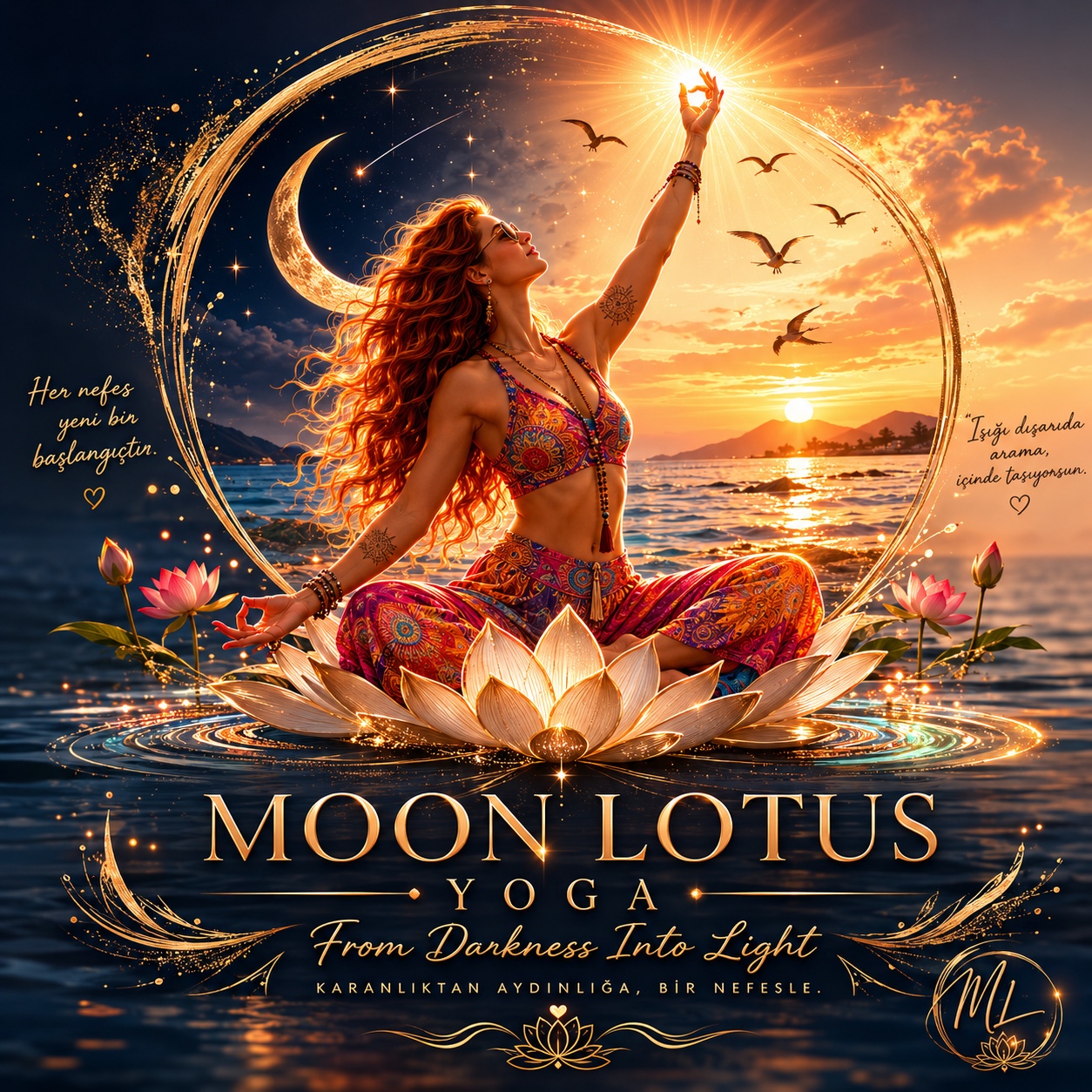 Ay ve güneş arasında lotus üzerinde oturan kadın