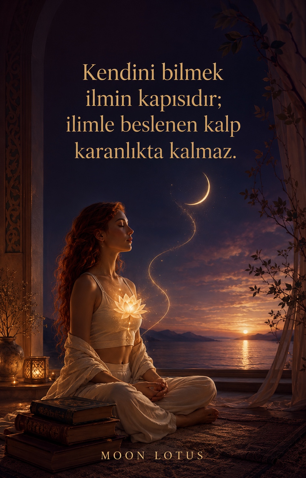 Hilal ve deniz manzarası önünde meditasyon yapan kadın